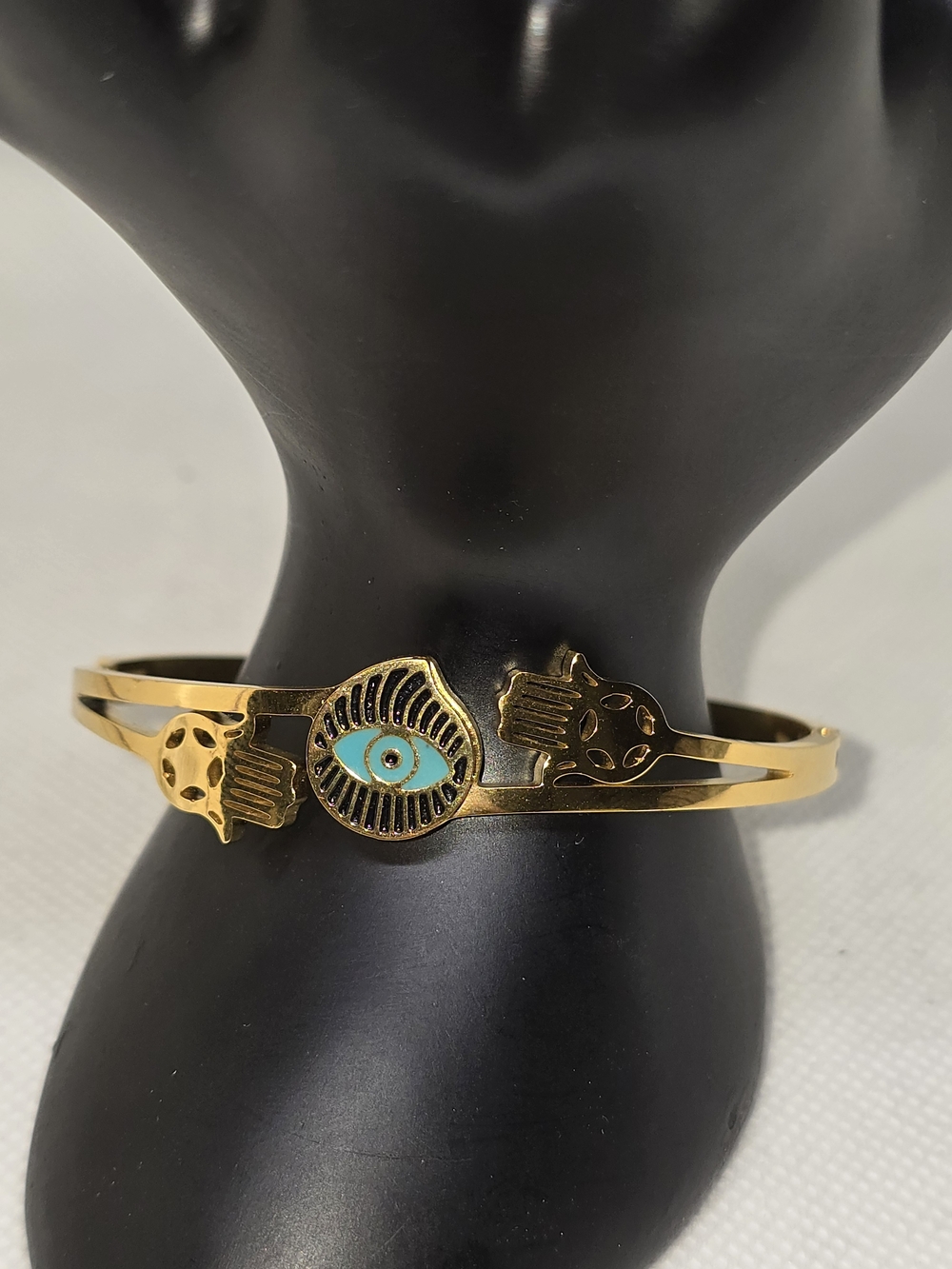 Gold Hamsa and Evil Eye Bangle Bracelet - Turquoise Accent 7.5in